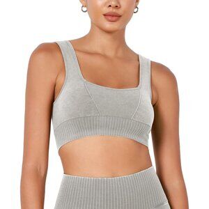 Women's Stone Washing Grey Square Neck Low Back Ribbed Cropped Sports Bra